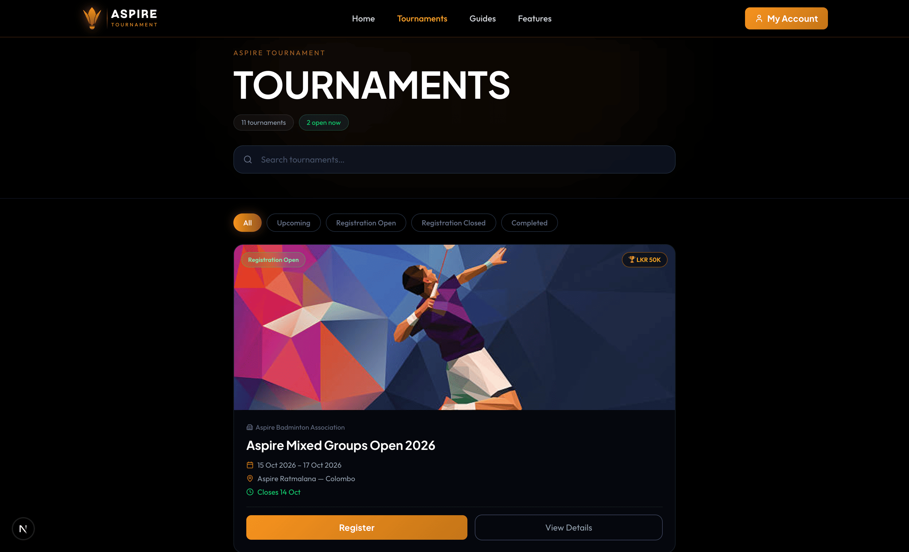 Tournaments listing with Register button — desktop