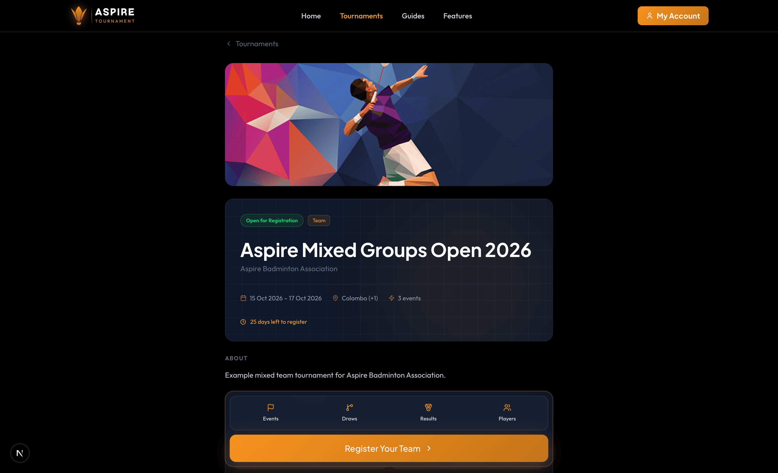 Tournament detail — Register Your Team — desktop