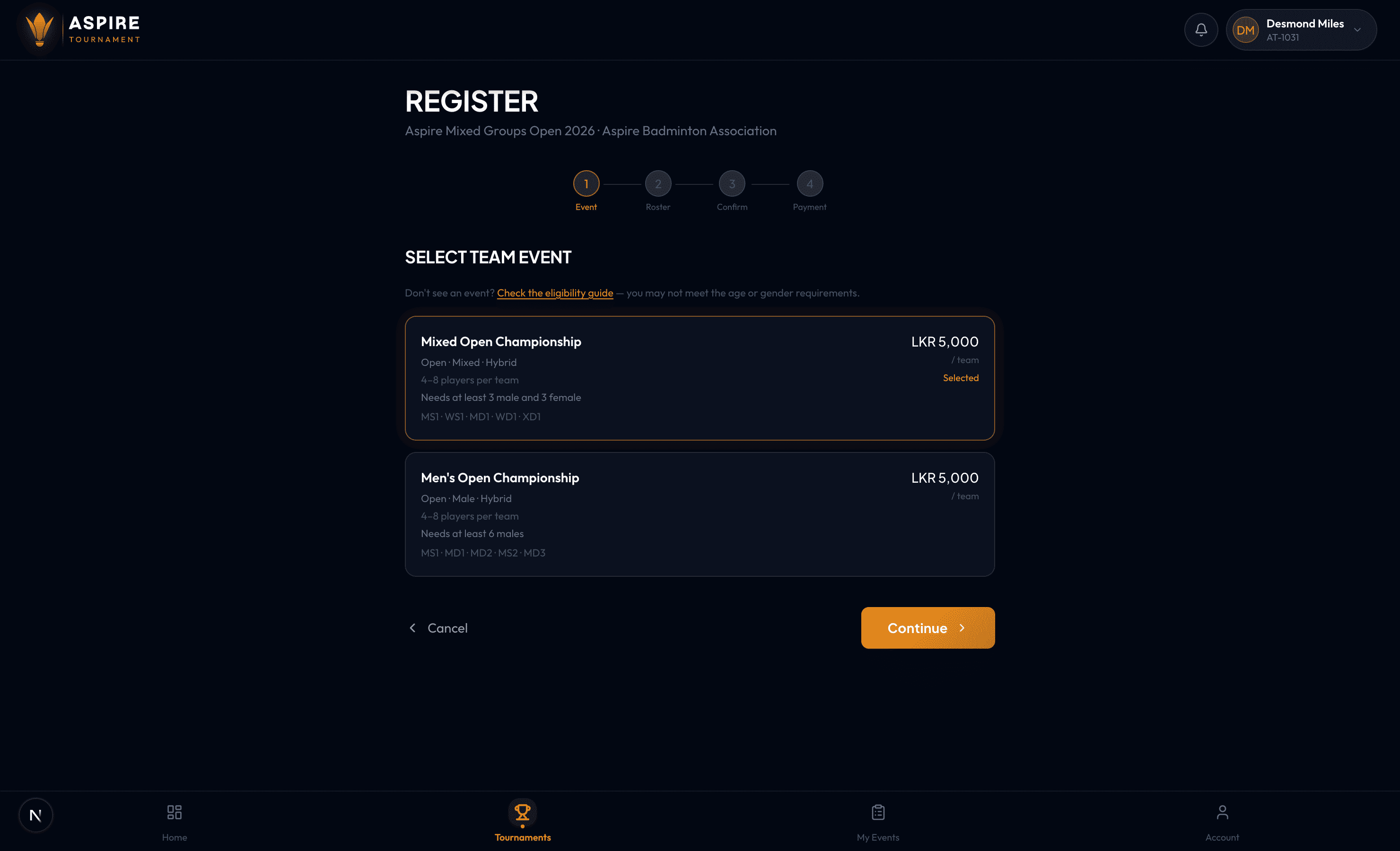 Select team event step — desktop