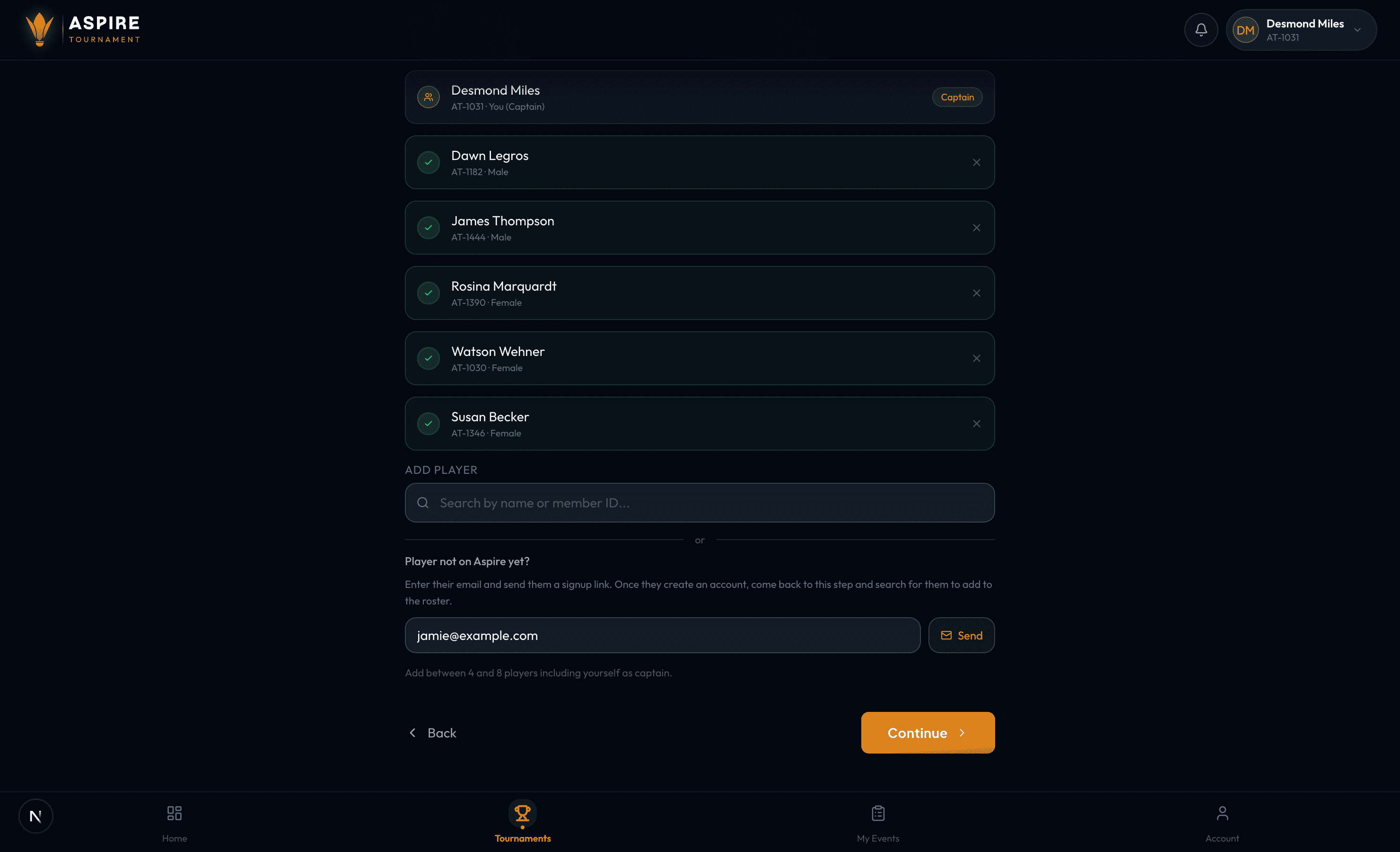 Complete roster and invite by email — desktop