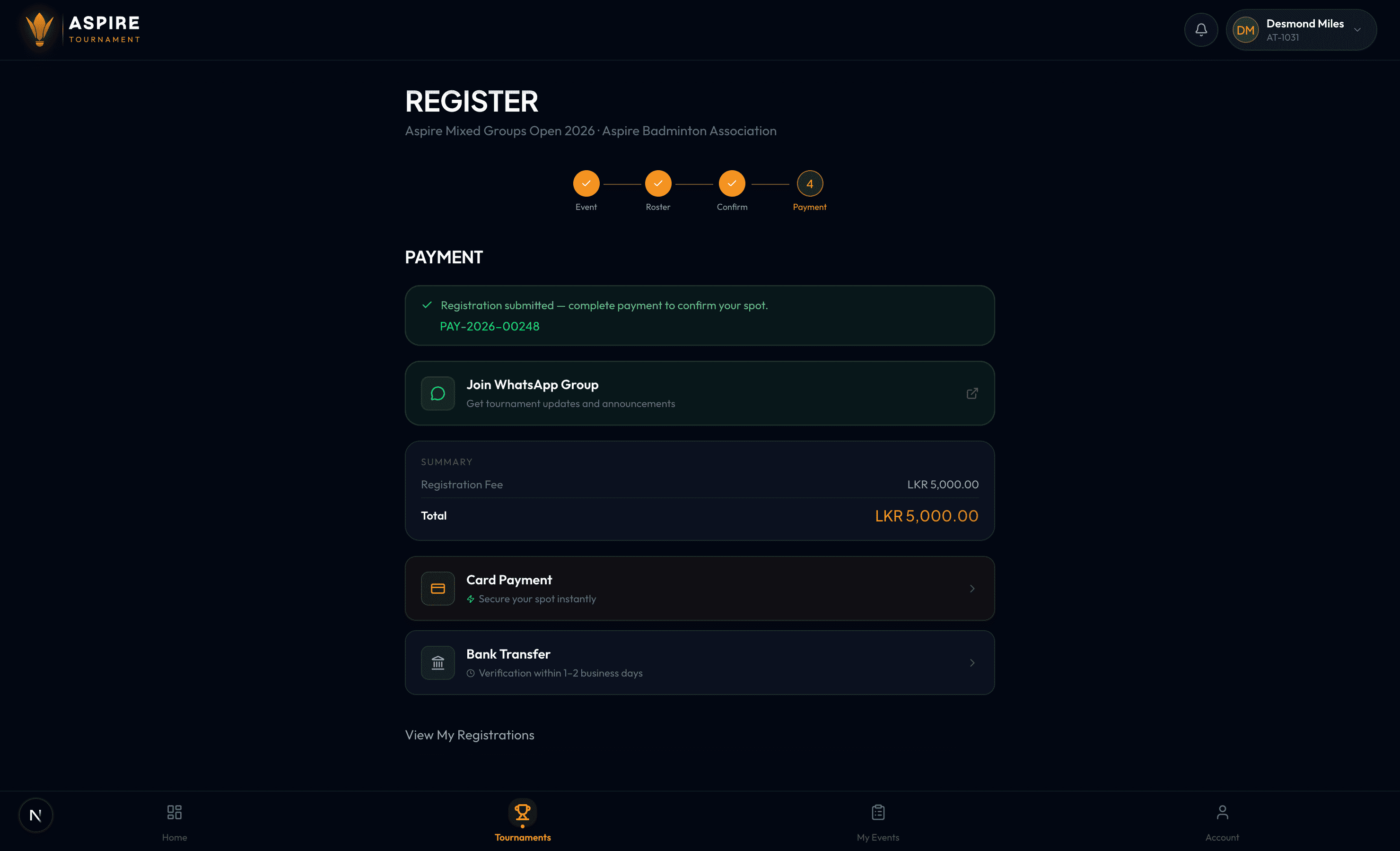 Payment methods and WhatsApp link — desktop