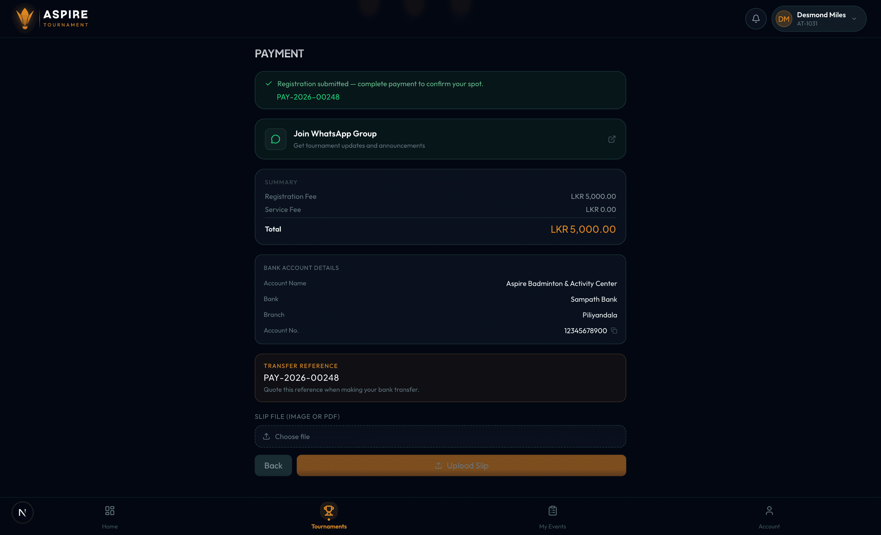 Bank transfer details and slip upload — desktop
