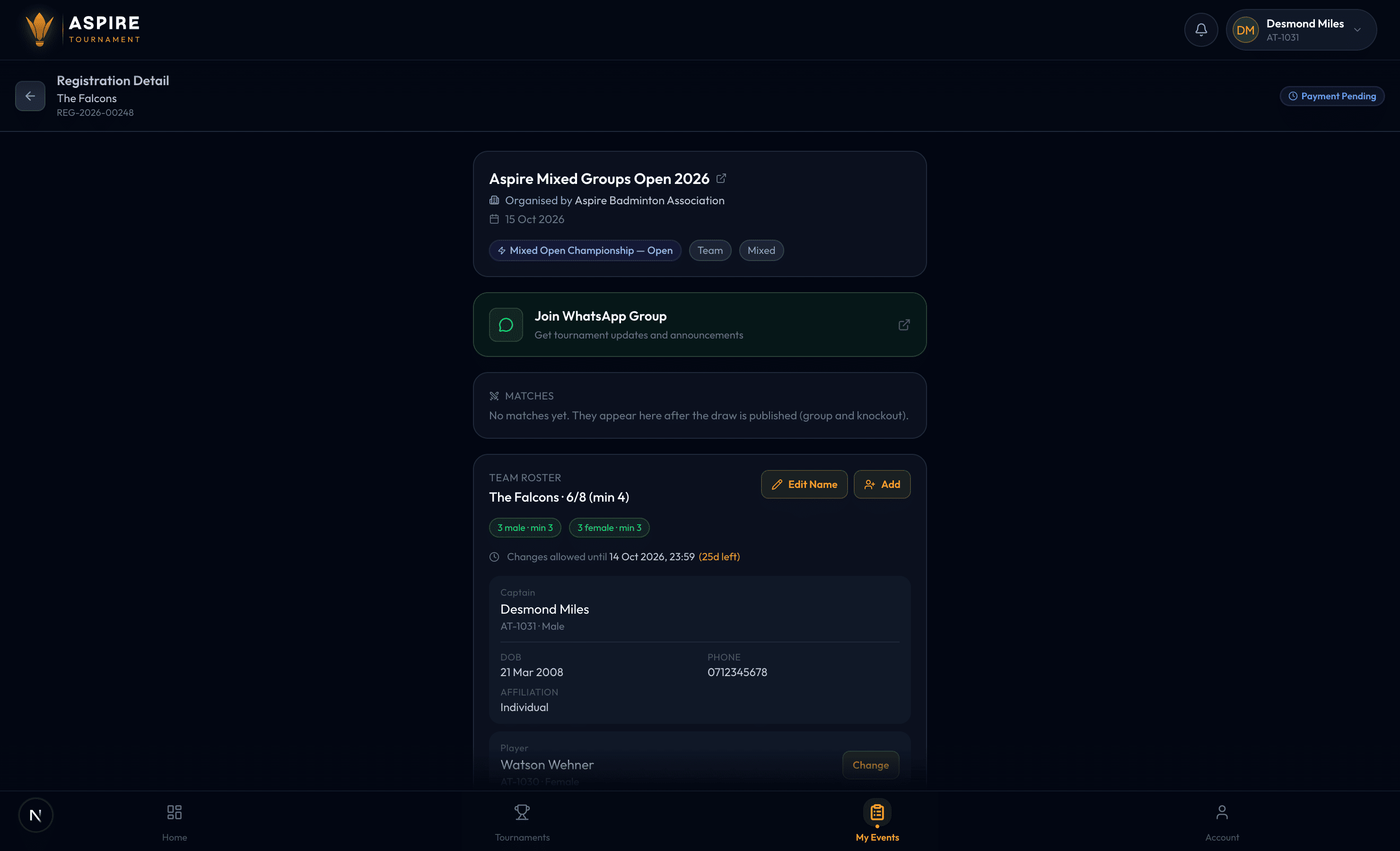 Registration detail — payment pending — desktop